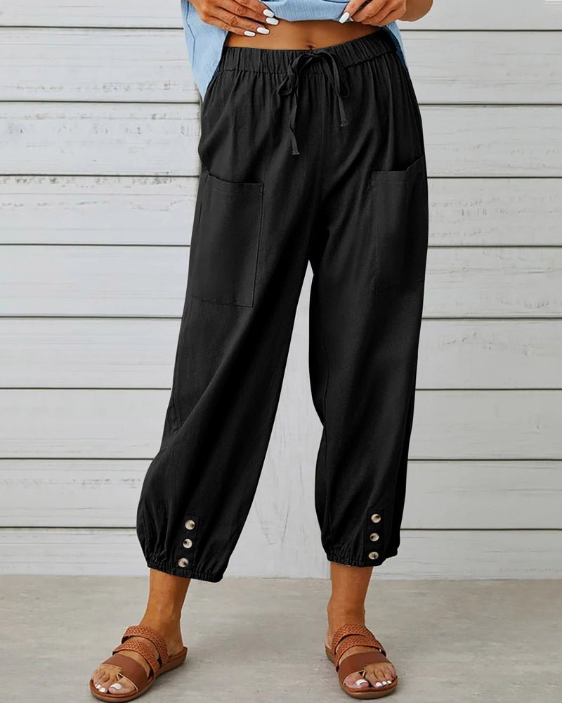 High Waist Drawstring Button Cuff Tapered Pants 4