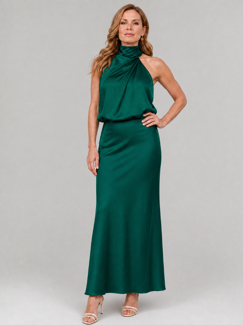Satin Halter Neck Draped Maxi Dress 5