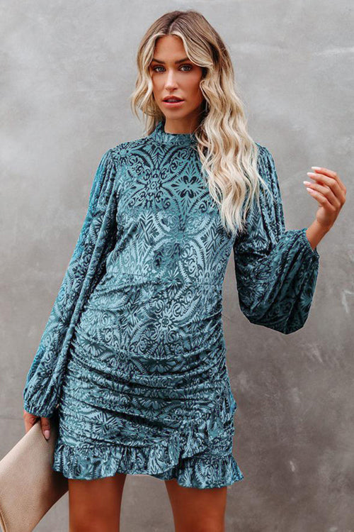 Burnout Velvet Mock Neck Long Sleeve Ruched Ruffle Hem Mini Dress 3