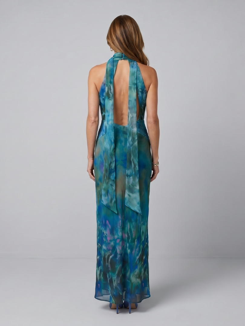 Watercolor Print Halter Neck Keyhole Draped Maxi Gown 4