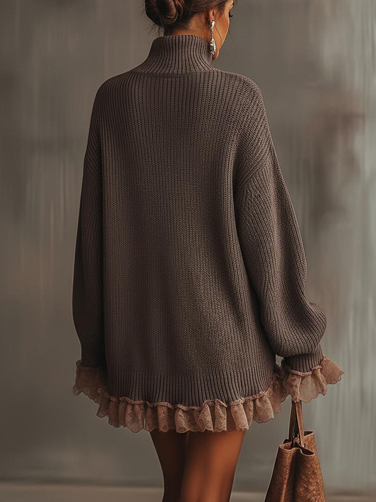 Turtleneck Oversized Tulle Ruffle Hem Sweater Dress 3