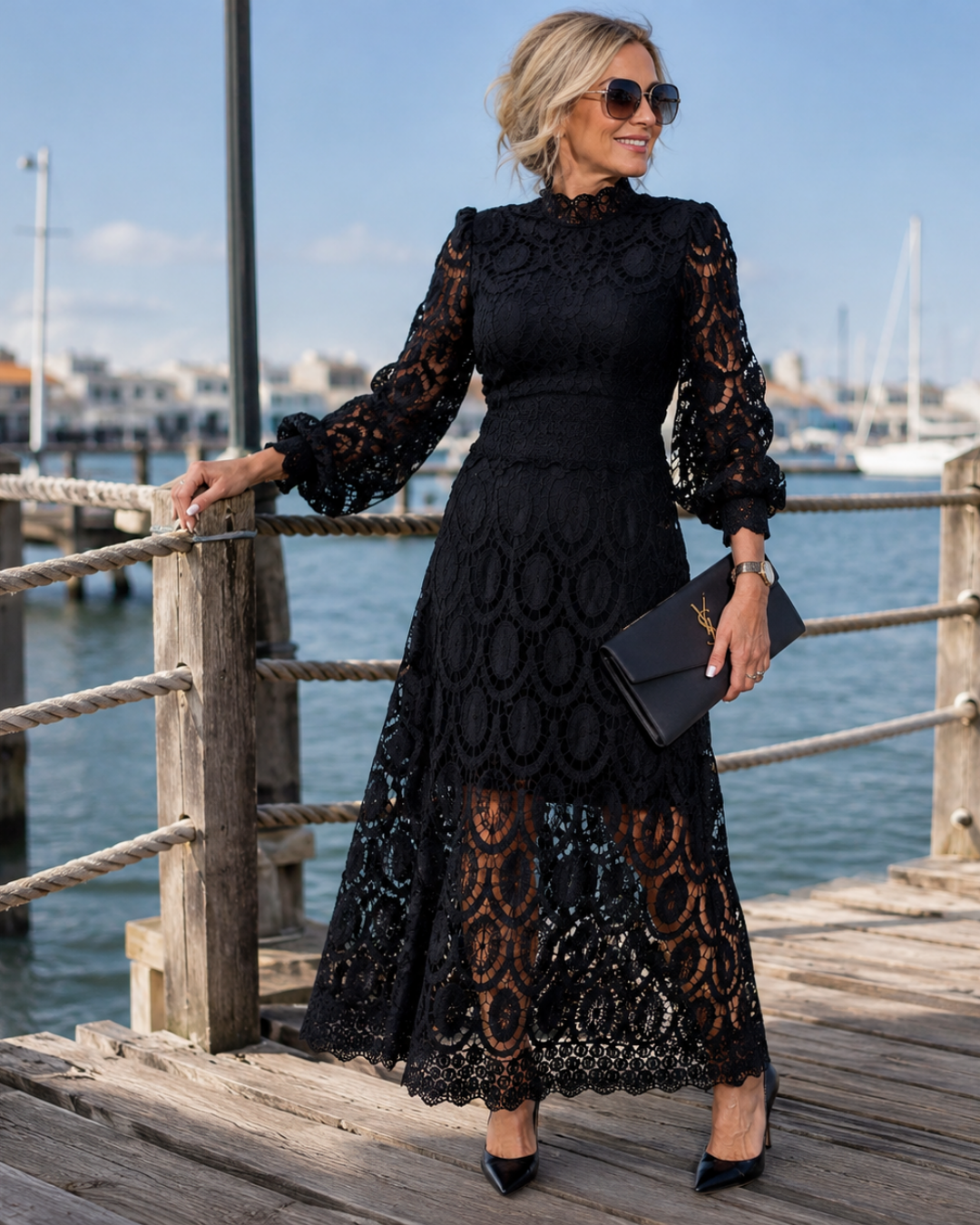 Crochet Lace High Neck Long Sleeve Maxi Dress