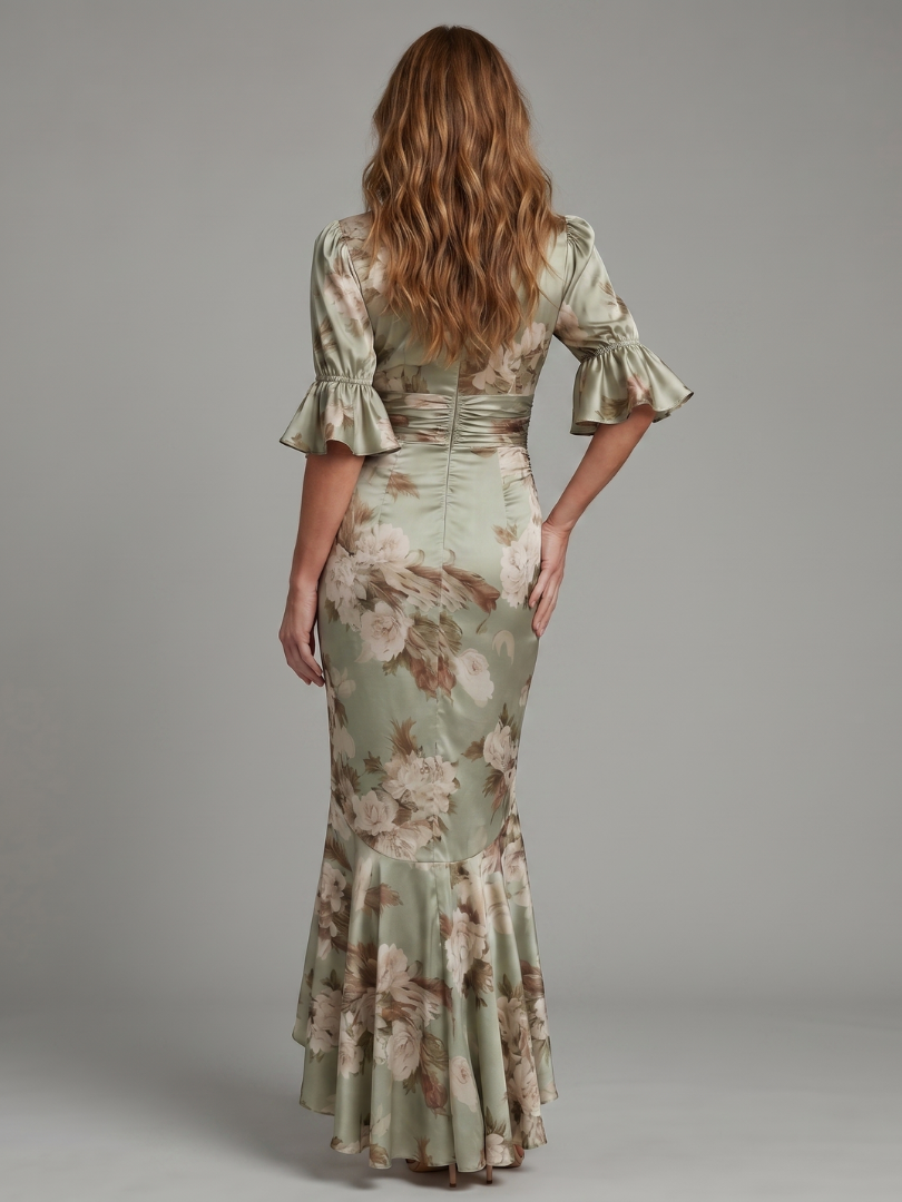 Floral V-Neck Ruffle Sleeve Ruched High Low Maxi Dress 4