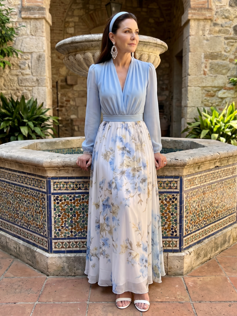 Surplice V-Neck Long Sleeve Floral Skirt Chiffon Maxi Dress 5