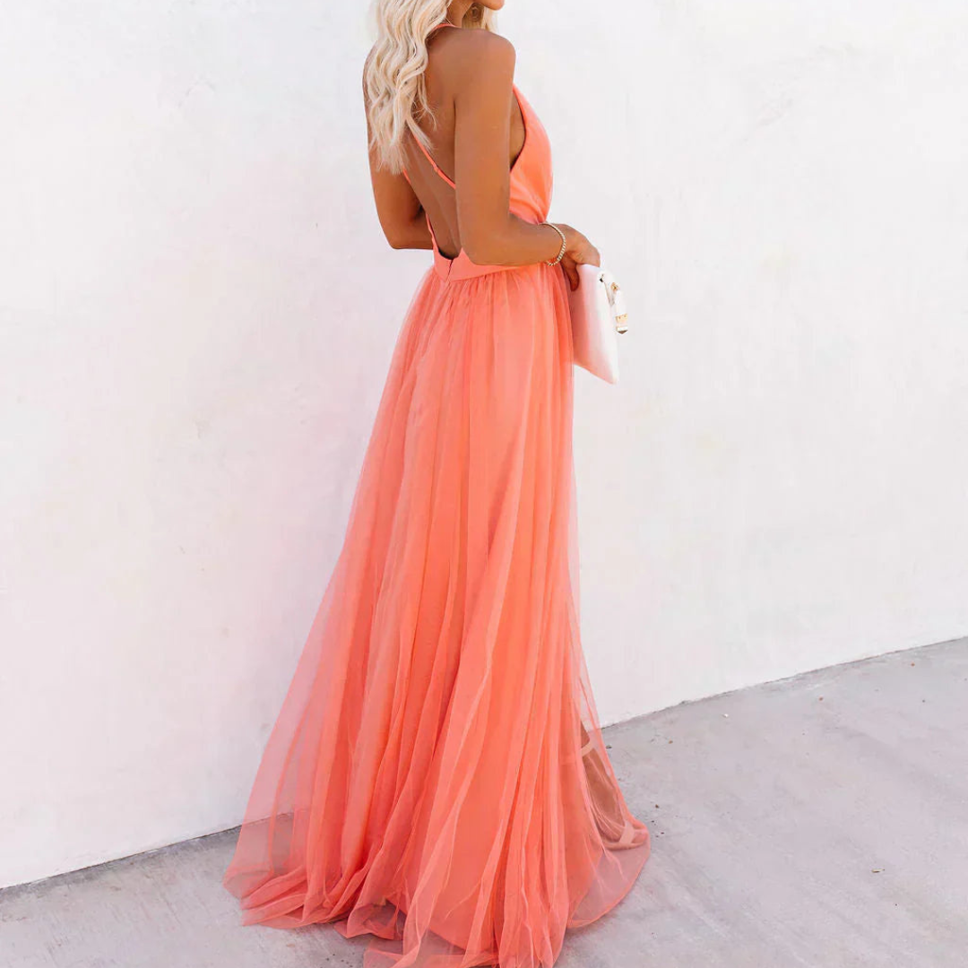 Deep V-Neck Spaghetti Strap Tulle Maxi Gown 5