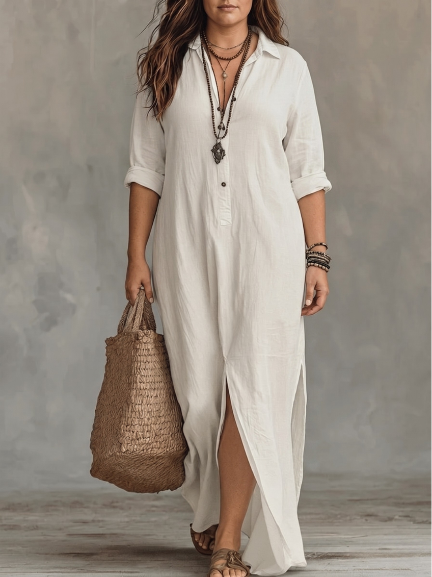 Collared Button Front Long Sleeve Side Split Maxi Shirt Dress 4