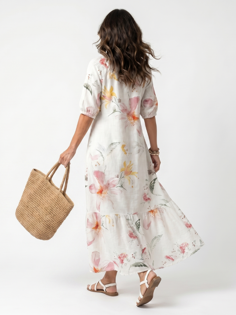 Floral Print Tie Neck Puff Sleeve Tiered Maxi Dress 4