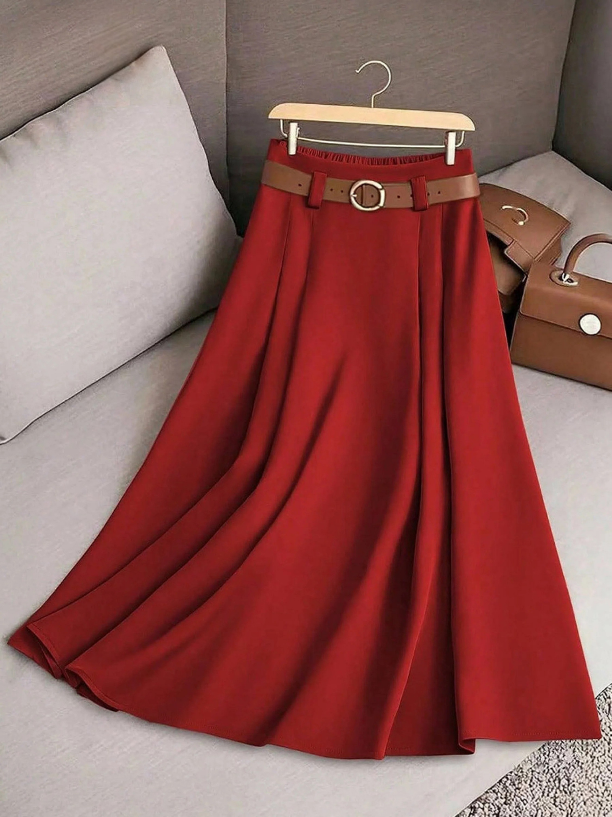 High Waist Belted Pleated A-Line Midi Skirt 5