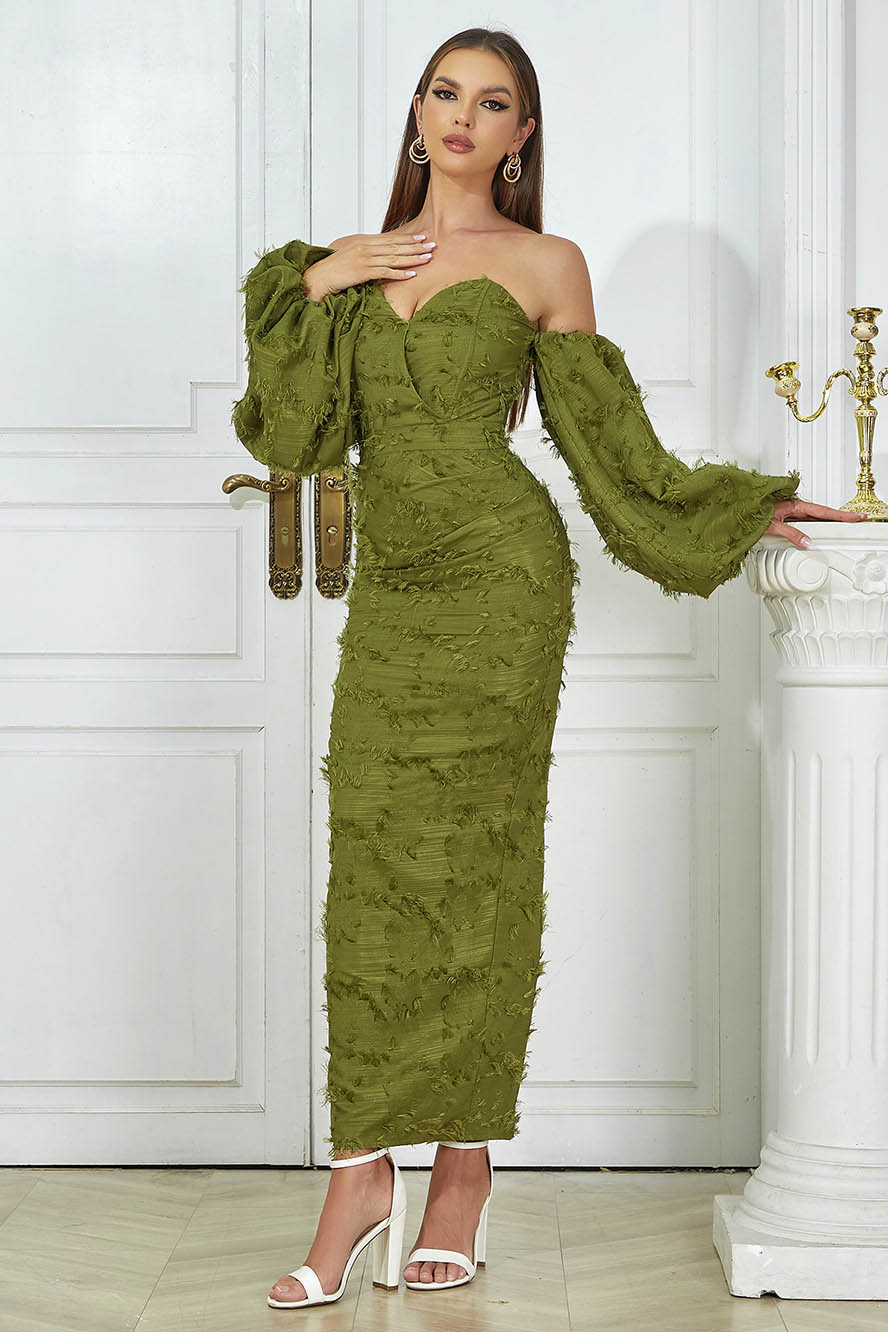 Knit Off Shoulder Puff Sleeve Textured Fringe Back Split Maxi Dress - View 2