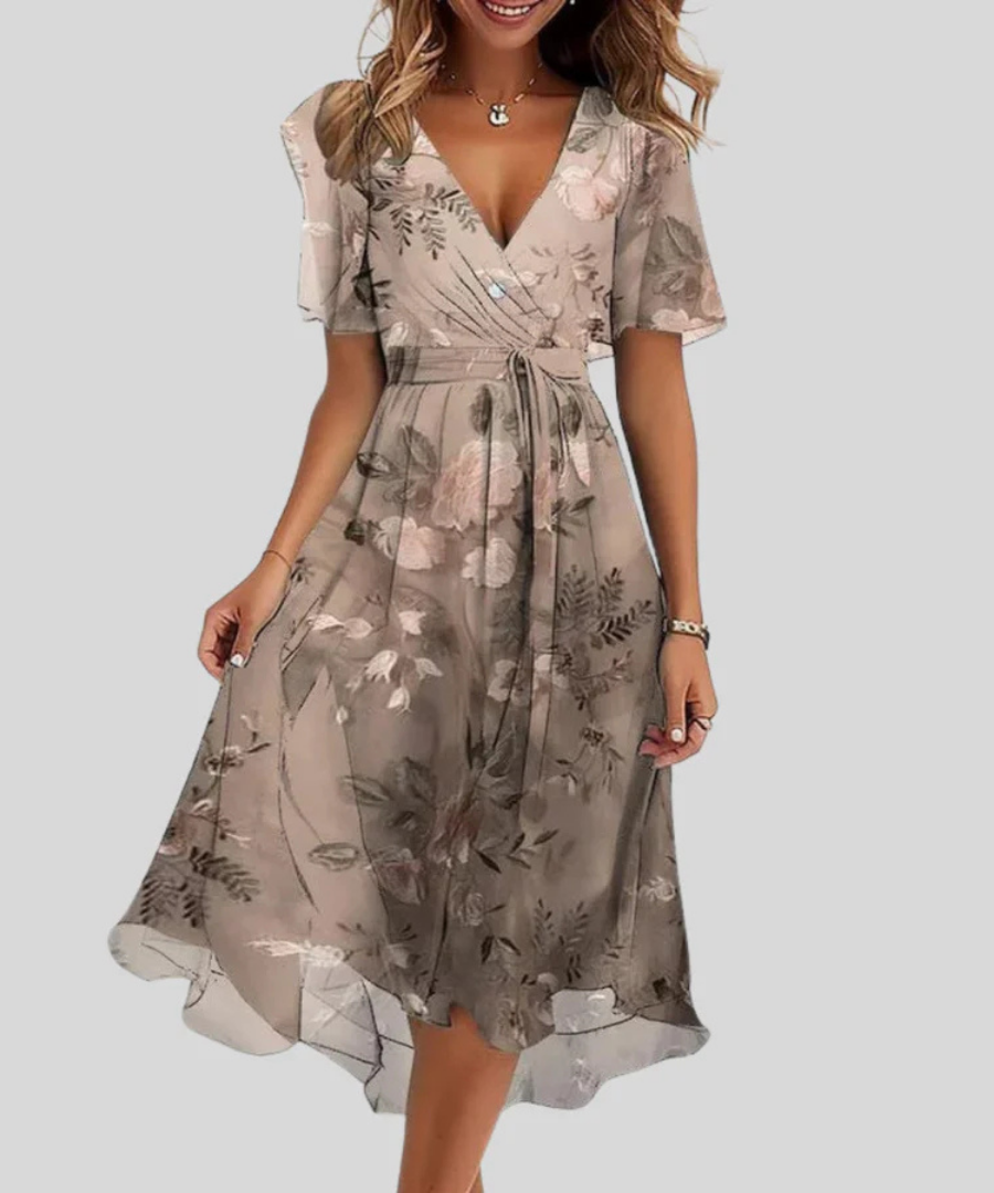 Floral V-Neck Flutter Sleeve Wrap High Low Midi Dress 4