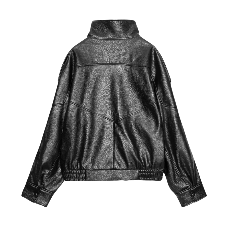 Funnel Neck Zip Front Oversized Faux Leather Moto Jacket 4