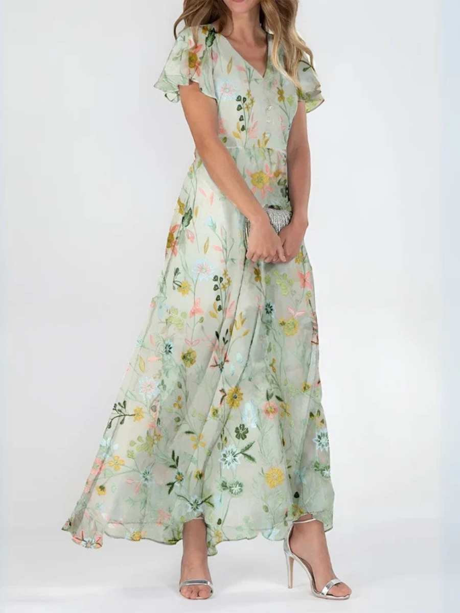 Floral V-Neck Flutter Sleeve Maxi Dress 4