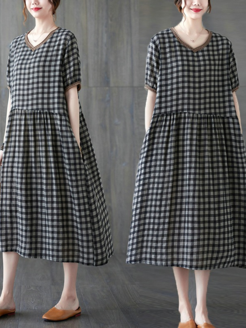 Gingham V-Neck Short Sleeve Drop Waist Pocket A-Line Midi Dress - View 3
