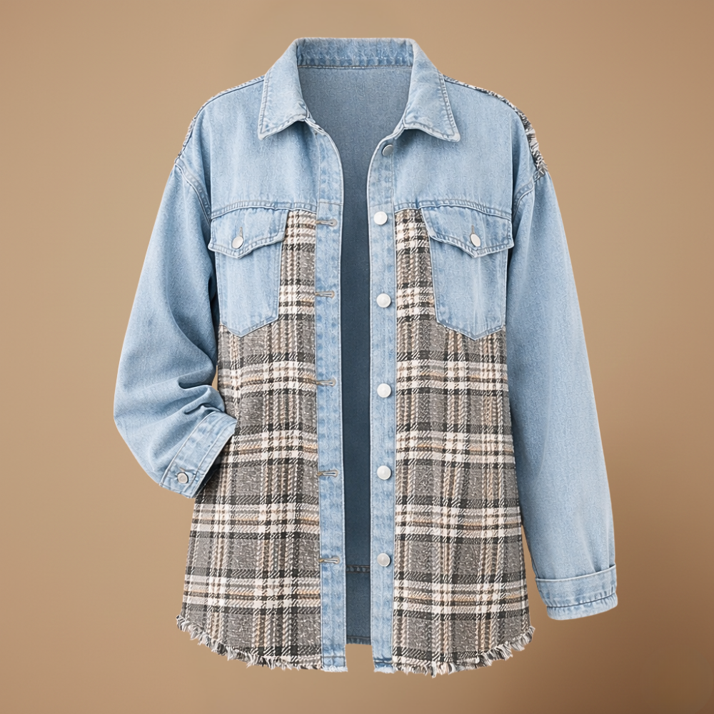 Plaid Patchwork Denim Button Front Shacket 16