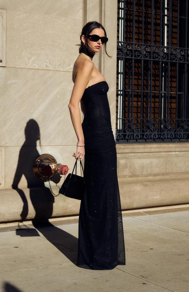 Glitter Sheer Mesh Strapless Sweetheart Ruched Hip Column Maxi Gown - View 6