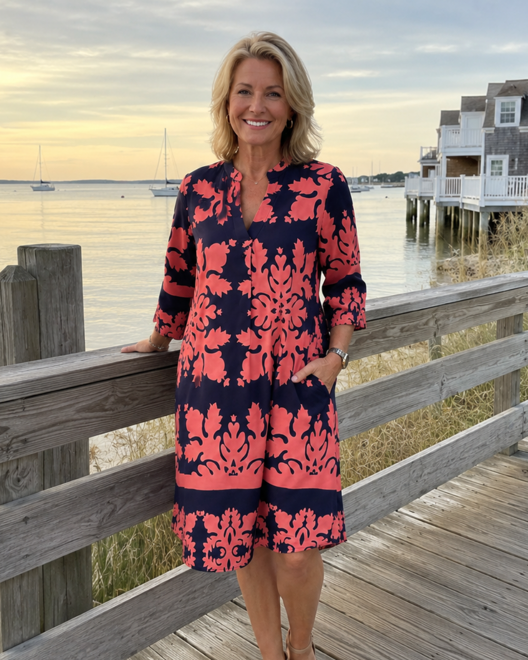 Damask Print Split Neck Three Quarter Sleeve A-Line Dress 4