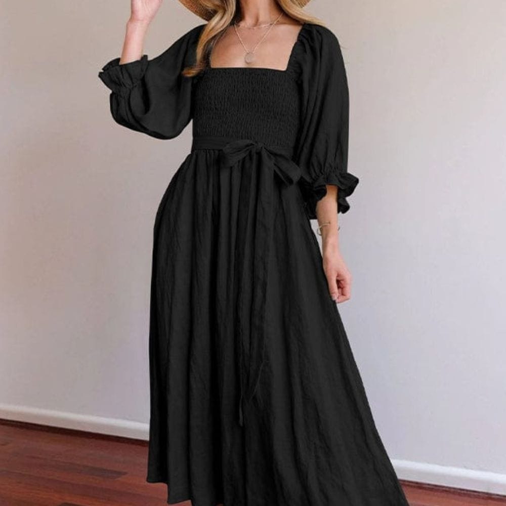 Smocked Off Shoulder Puff Sleeve Ruffle Cuff Flowy Summer Midi Dress - View 6