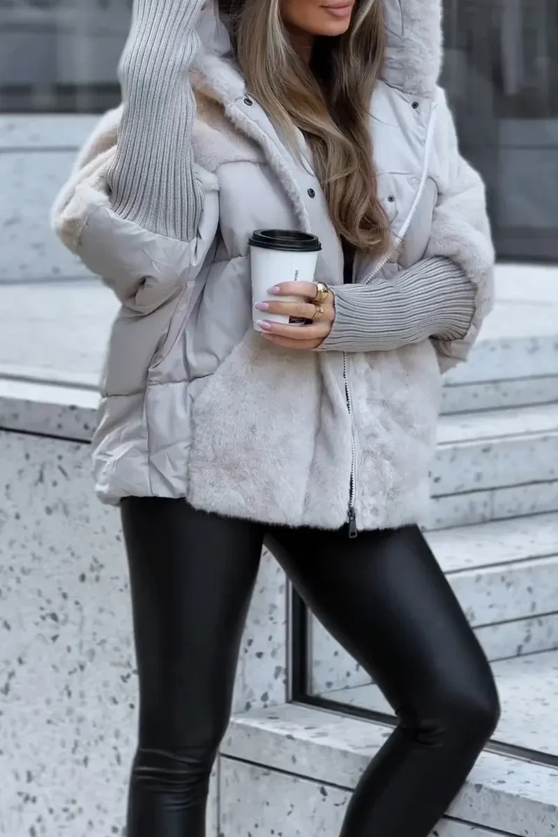 Hooded Faux Fur Ribbed Cuff Padded Puffer Jacket 4