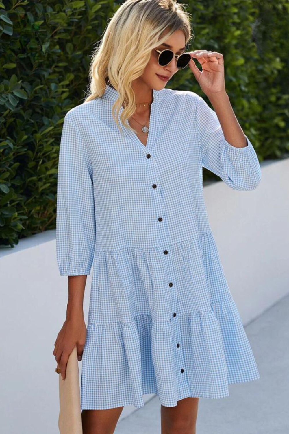 Gingham Check Mandarin Collar V-Neck Button Front Tiered Mini Dress - View 4