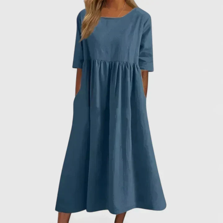 Round Neck Half Sleeve Pocket Smock Midi Dress 9