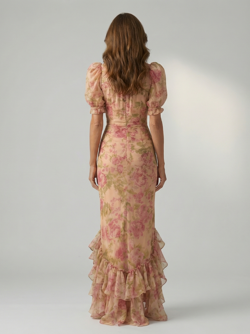 Floral High Neck Puff Sleeve Ruffle Hem Maxi Dress 4