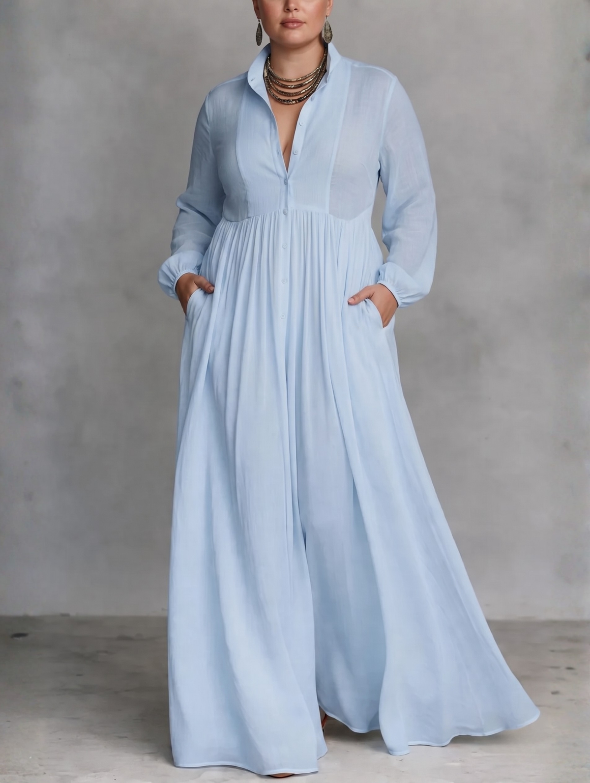 Collared Long Sleeve Button Front Pintuck Shirt Maxi Dress 2