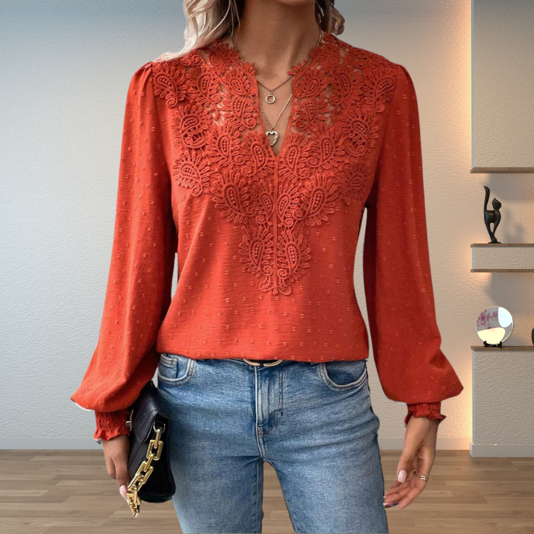 Lace Applique V-Neck Long Sleeve Swiss Dot Blouse