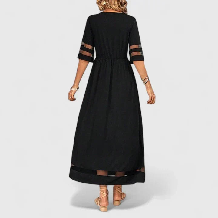 Round Neck Half Sleeve Sheer Stripe Gathered Waist Midi Dress 6