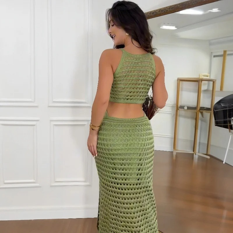 Open Knit Mesh Sleeveless Cut Out O-Ring Waist High Split Dress - View 6