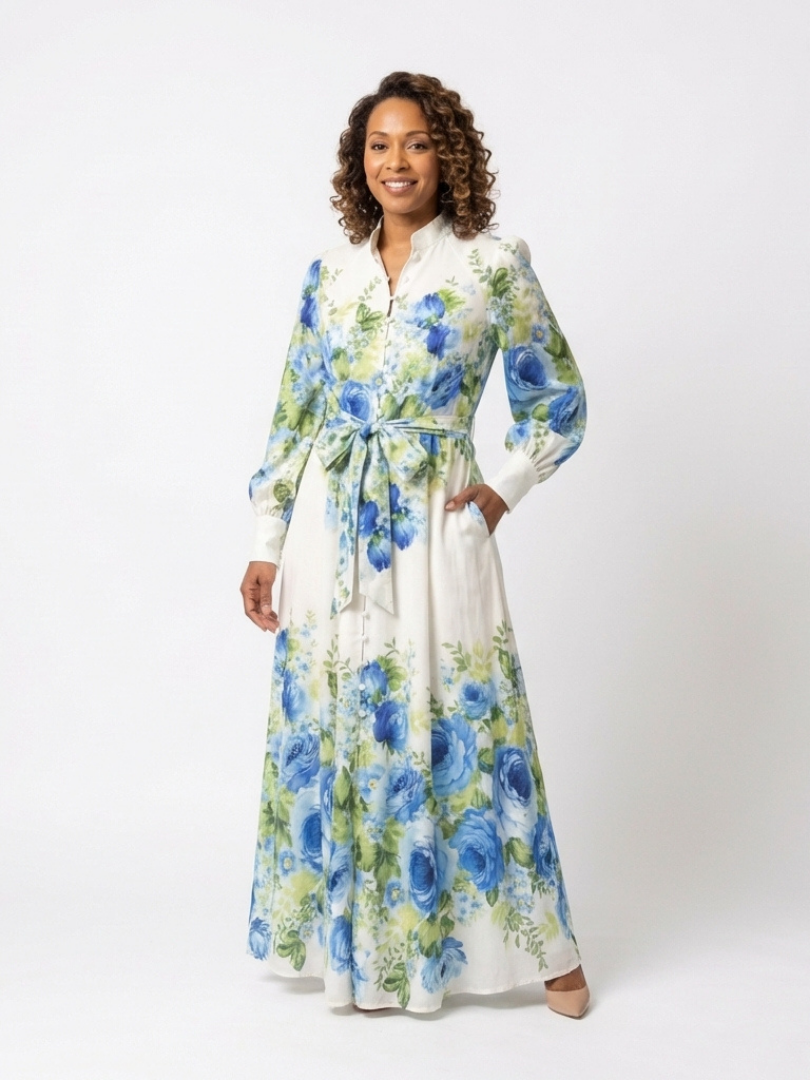 Floral Band Collar Long Sleeve Button Front Belted Maxi Dress 4
