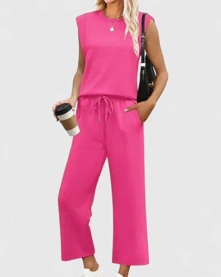 Sleeveless Round Neck Top and Drawstring Wide Leg Pants Two Piece Set 2