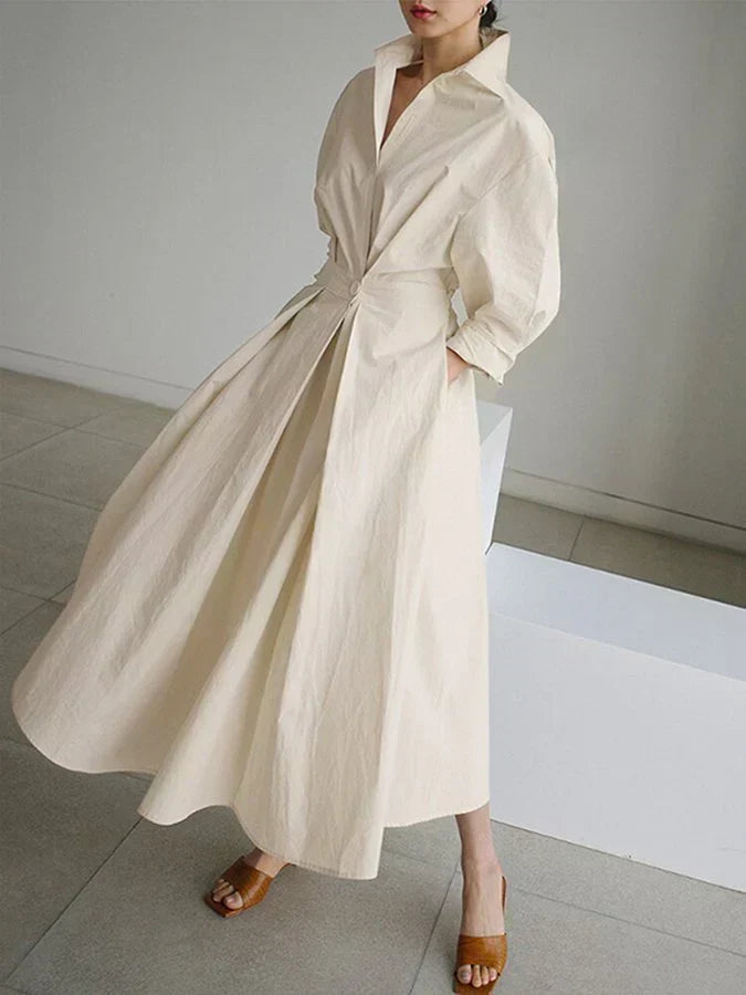 Lapel Collar Lantern Sleeve Pleated A-Line Pocket Midi Shirt Dress - View 5