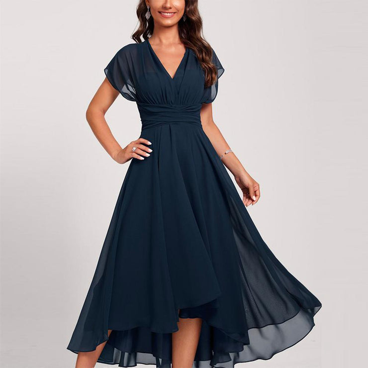 Deep V-Neck Surplice Flutter Sleeve Pleated Cocktail Midi Dress