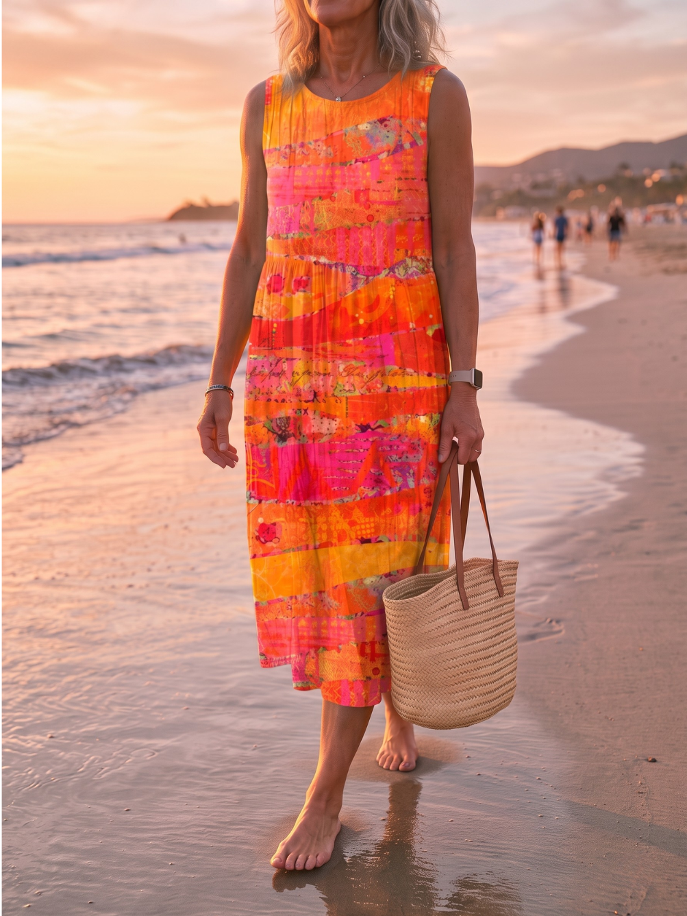 Abstract Print Round Neck Sleeveless Midi Dress