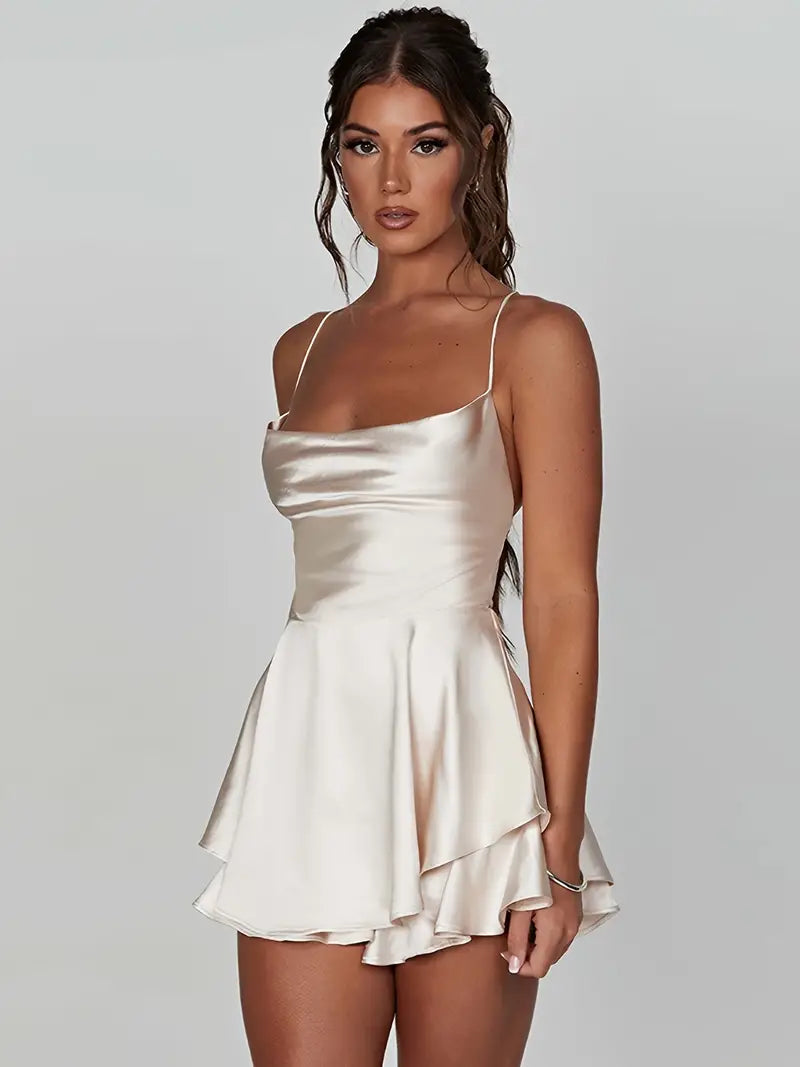 Satin Spaghetti Strap Cowl Neck Tiered Ruffle Mini Cocktail Dress - View 4
