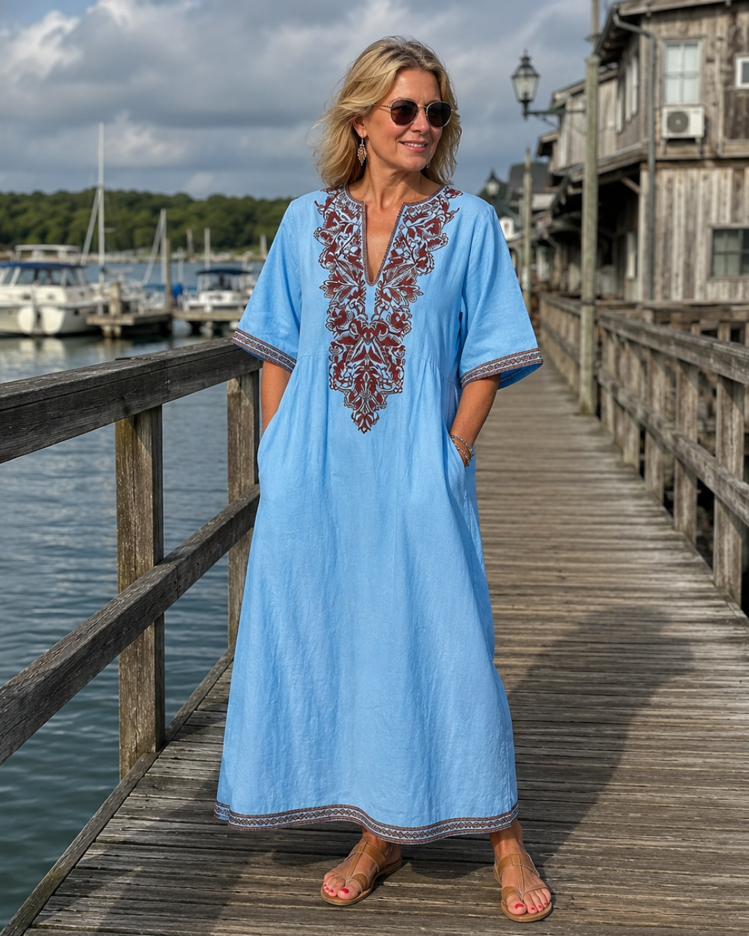 Floral Embroidery Notch Neck Short Sleeve Linen Look Kaftan Maxi Dress 3