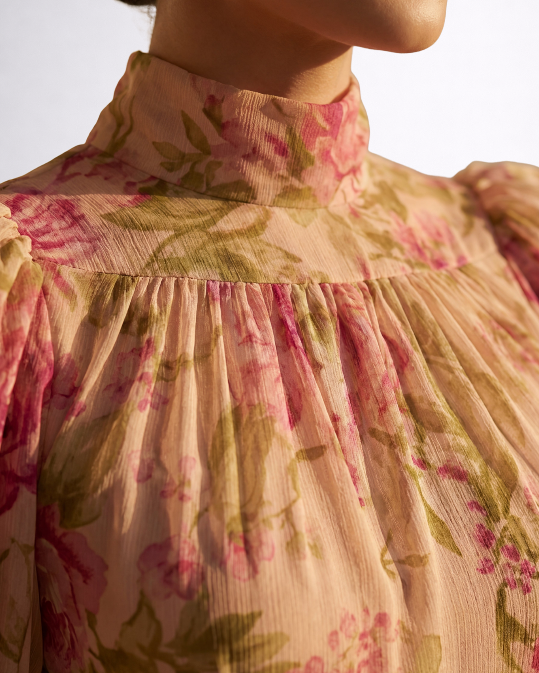 Floral Print High Neck Puff Sleeve Ruffle Hem Chiffon Maxi Dress 5
