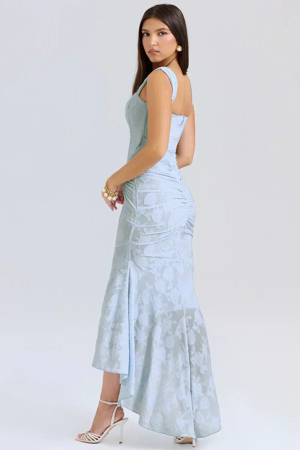 Square Neck Corset High Low Mermaid Maxi Dress 12