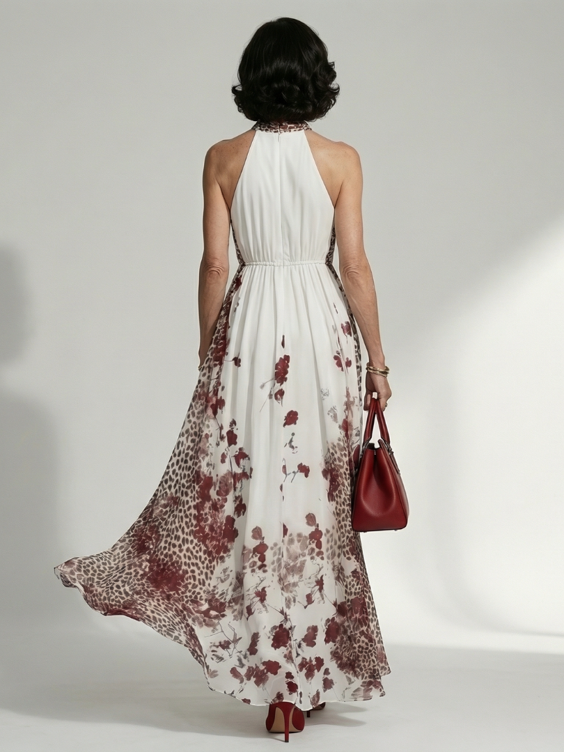 Halter Neck Floral Leopard Print Pleated Maxi Dress 4