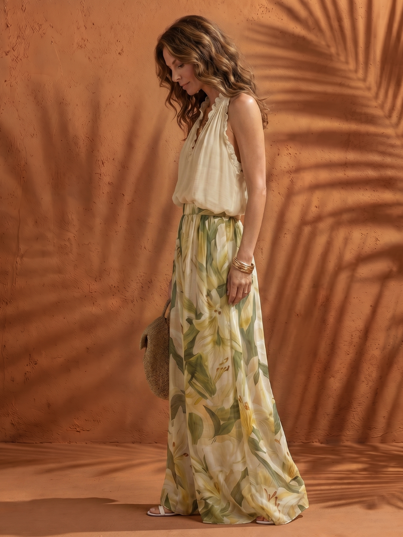Halter Neck Ruffle Top and Floral Wide Leg Pants Two Piece Set 3