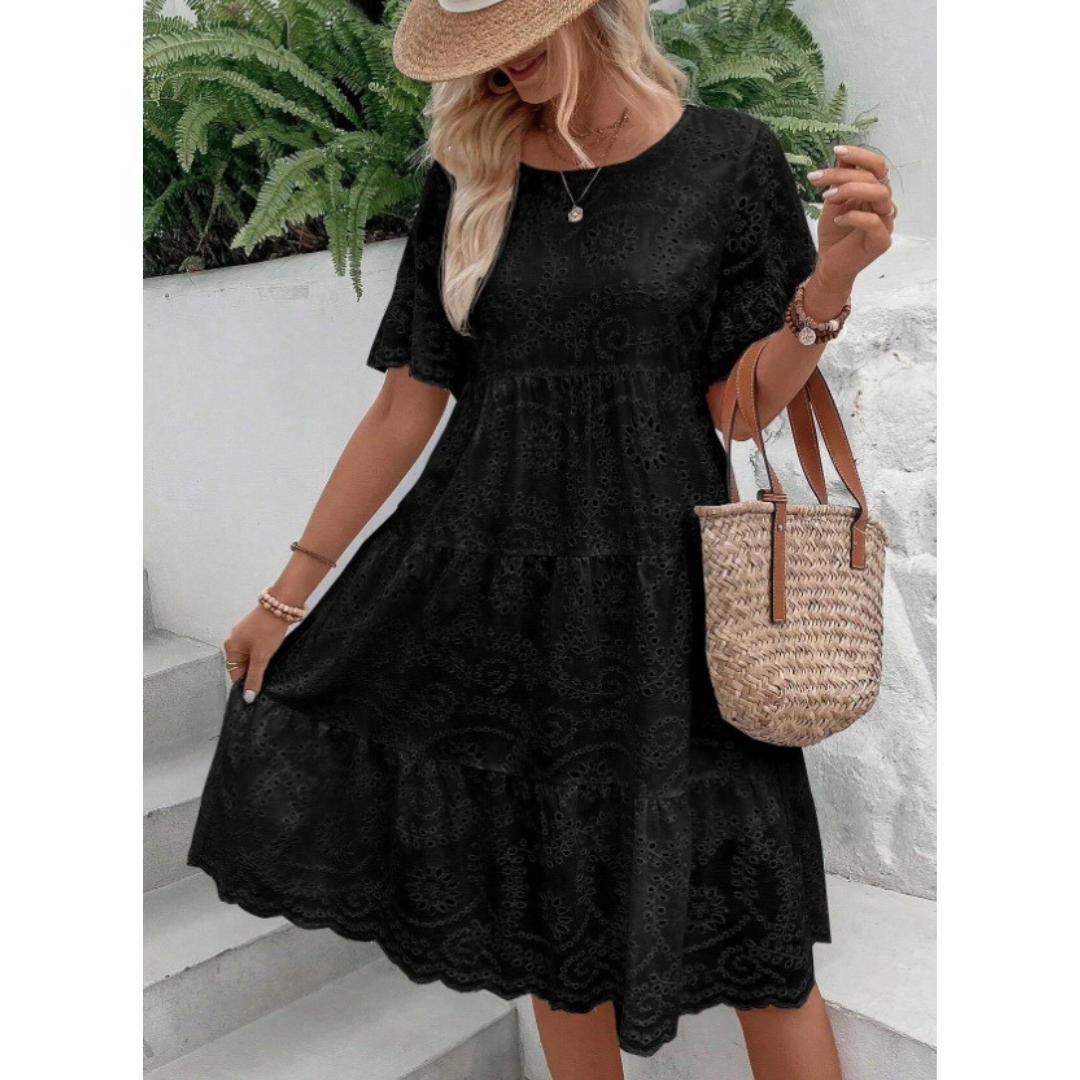 Broderie Eyelet Round Neck Flutter Sleeve Tiered Mini Dress 4