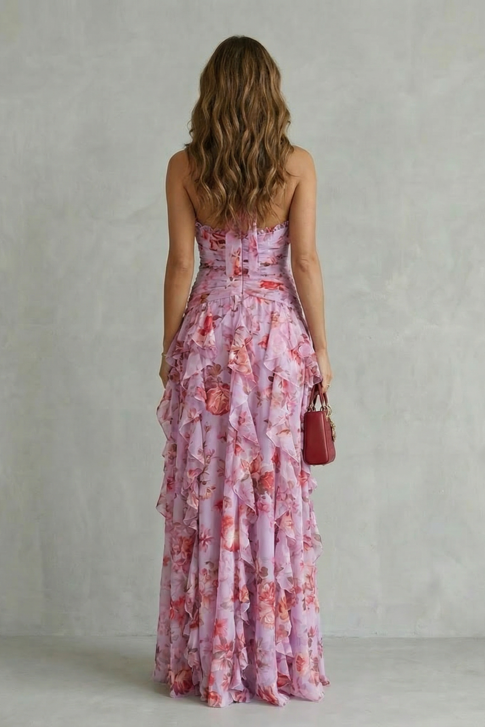Floral Halter Neck Deep V-Neck Ruffle Tiered Maxi Gown 5