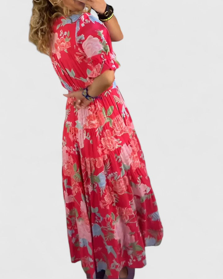 Floral Deep V-Neck Puff Sleeve Tiered Maxi Dress 2