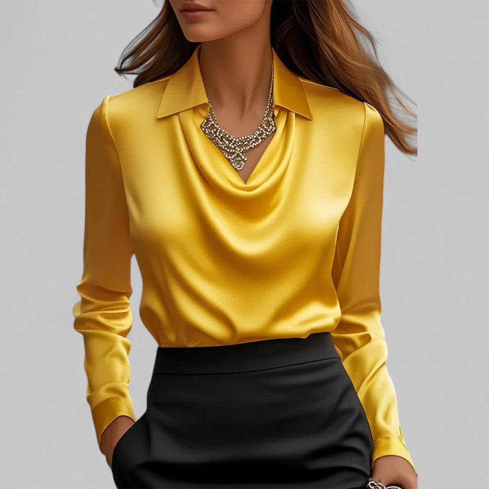 Draped Cowl Neck Long Sleeve Satin Blouse 10