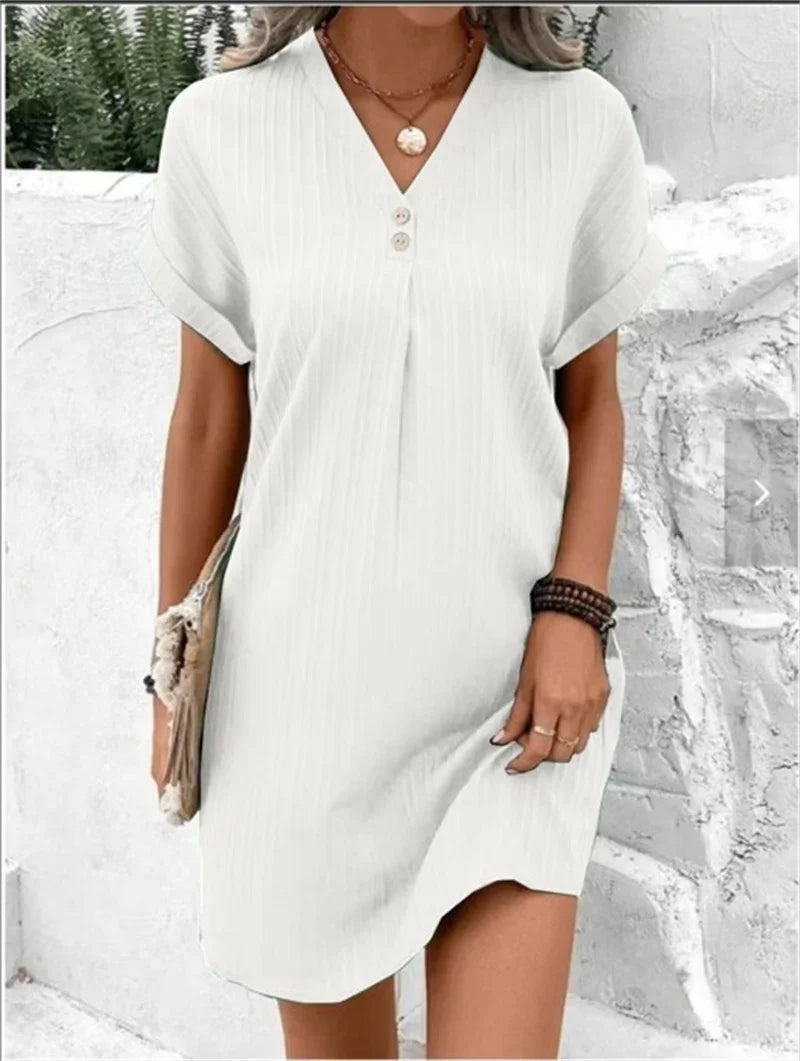 Crinkle Ribbed Short Sleeve Cuffed Button V-Neck Shift Mini Dress - View 3