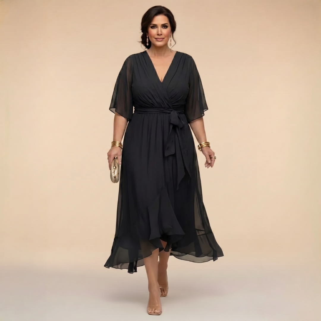 Deep V-Neck Flutter Sleeve Wrap Belted High Low Midi Dress 2