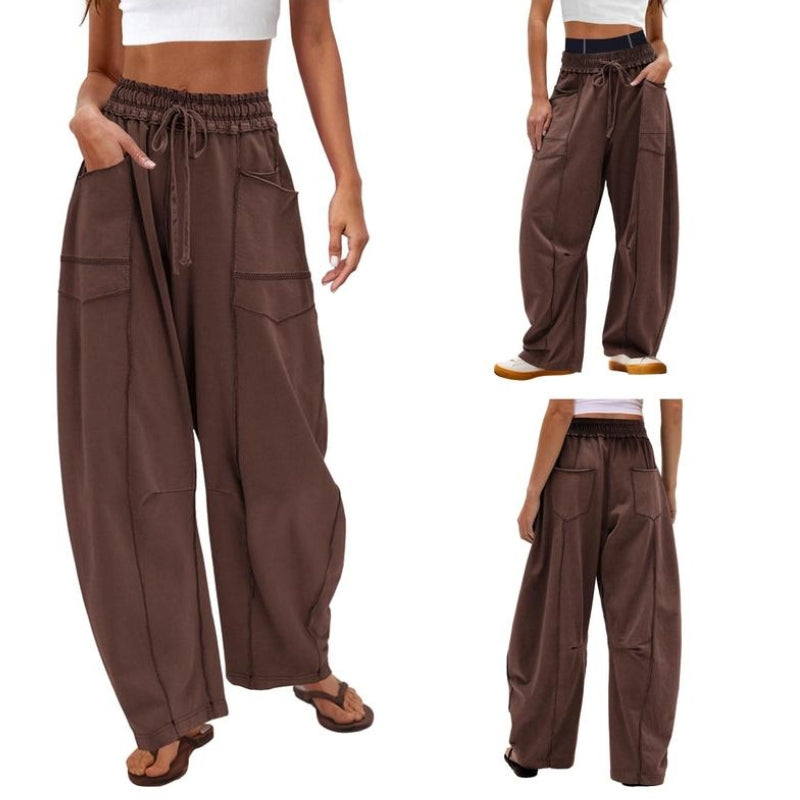 High Waist Drawstring Contrast Stitch Wide Leg Pants 4
