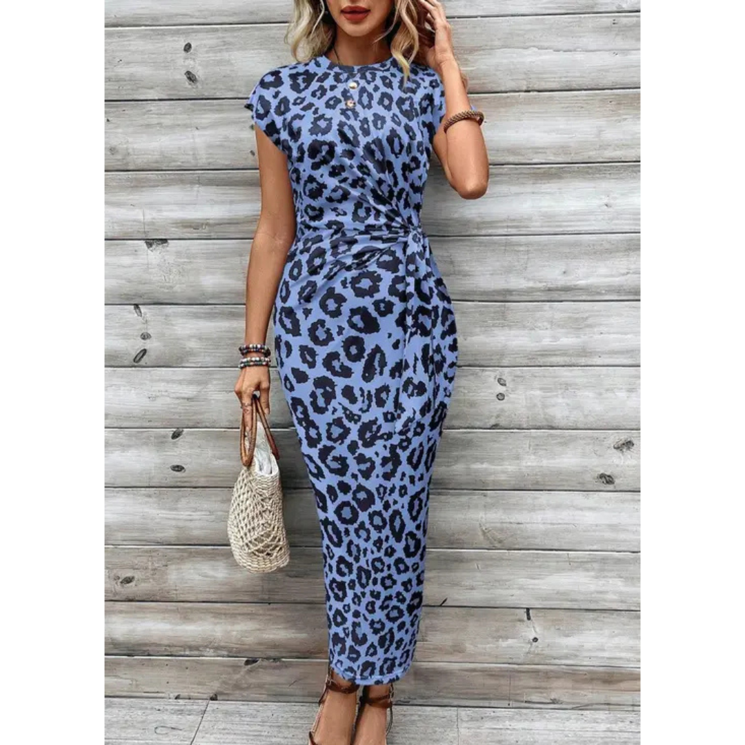 Leopard Print Cap Sleeve Tie Waist Bodycon Maxi Dress 5