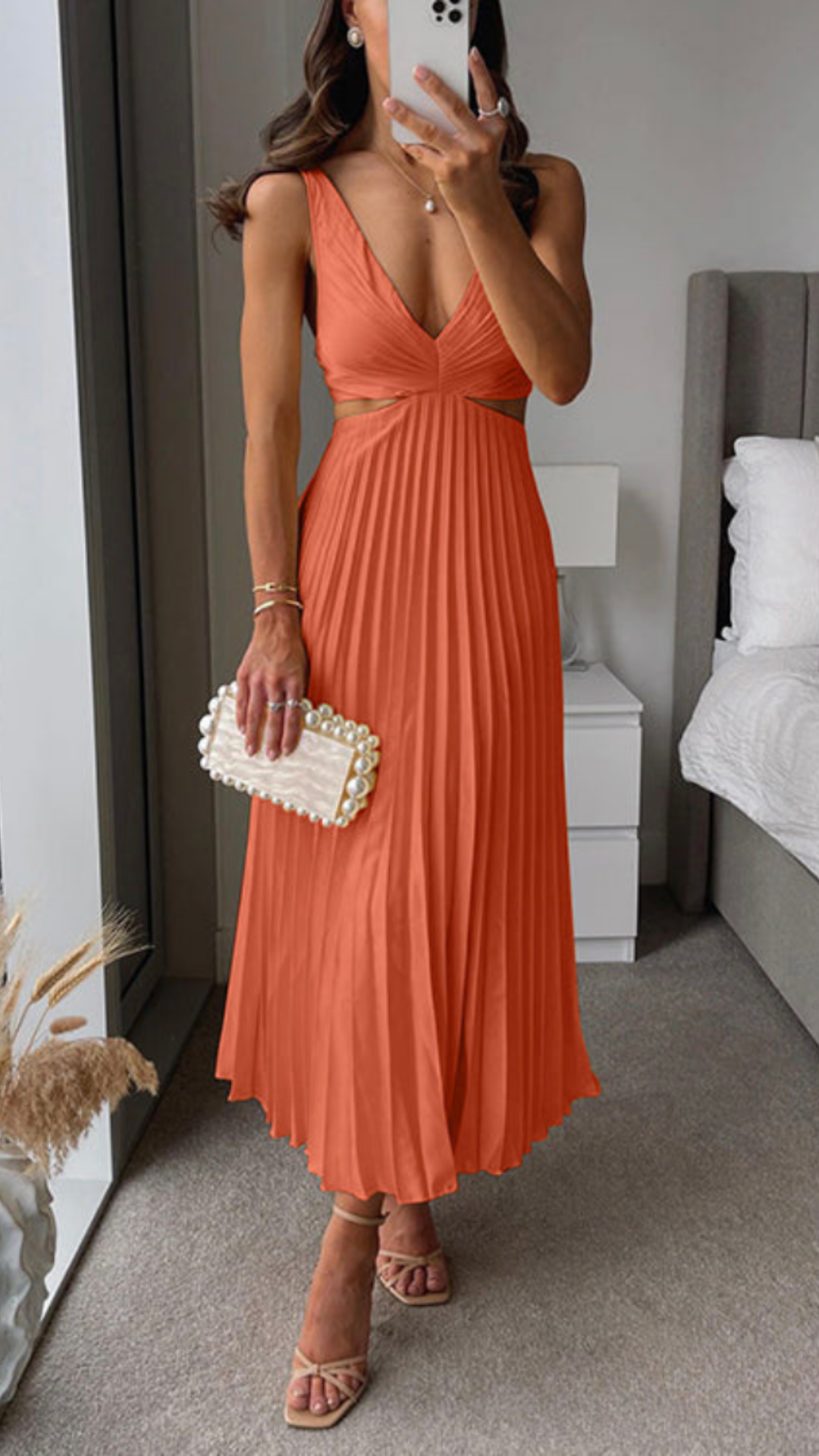 Deep V-Neck Cut Out Waist Ruched Pleated Satin Maxi Dress - View 4
