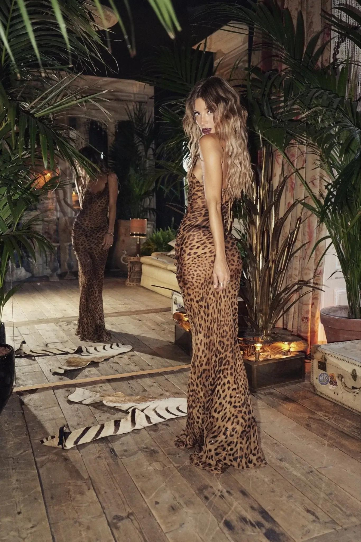 Leopard Print Spaghetti Strap Backless Slip Mermaid Hem Maxi Gown
